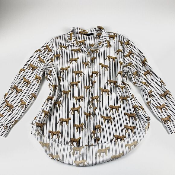 Jane & Delancey Striped Cheetah Blouse Button Up Roll Tab Sleeve Novelty Sz XL - Picture 1 of 10